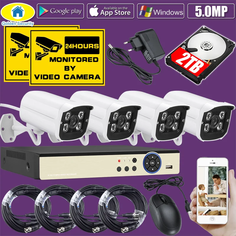 

Golden Security 4CH DVR Kit 5.0MP HD CCTV Camera Surveillance 1080P HDMI Video Security Camera System Output 500G 1TB 2TB