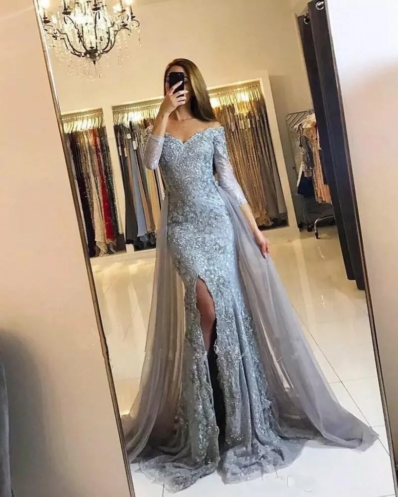 

2019 Gray Muslim Evening Dresses Mermaid 3/4 Sleeves Lace Beaded Slit Islamic Dubai Kaftan Saudi Arabic Long Evening Gown