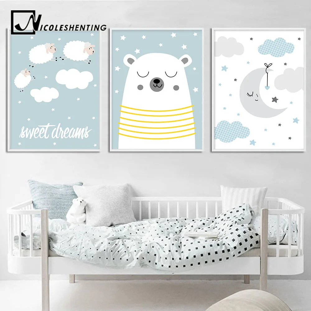 

Nursery Wall Art Canvas Poster Blue Cartoon Moon Cloud Print Painting Simple Nordic Kids Decoration Picture Boys Bedroom Decor