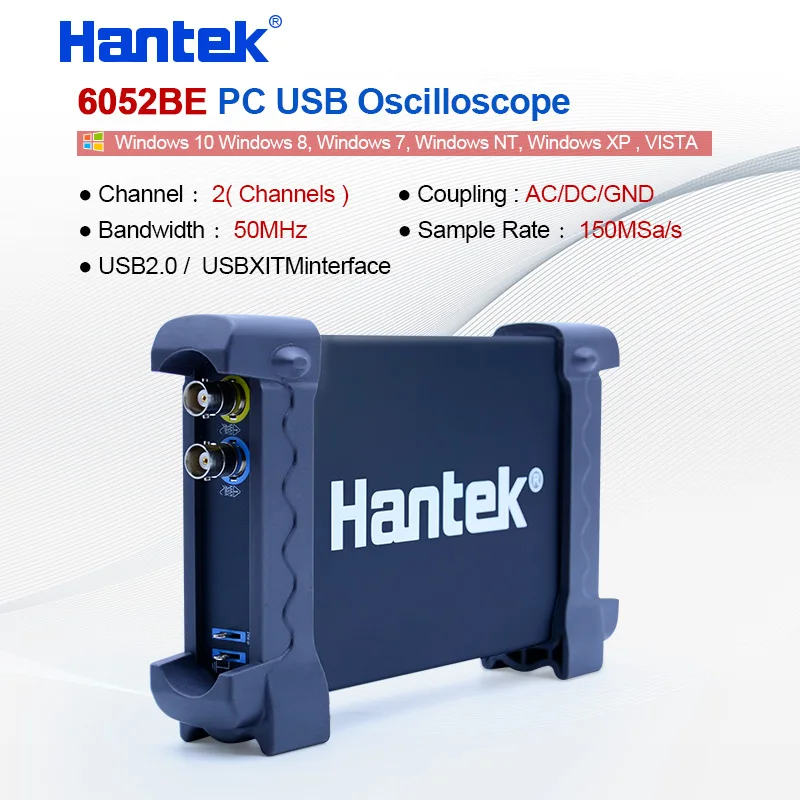 Hantek 6052BE PC USB цифровой осциллограф 2 канала 50 МГц Пропускная способность 150MSa/s частота дискретизации стандартный интерфейс USBXI(TM