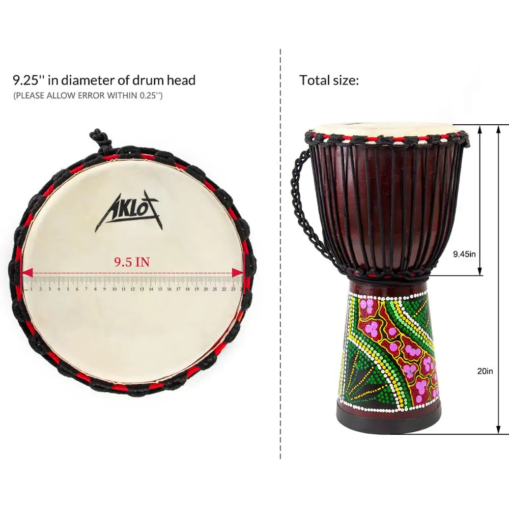 AKLOT Djembe African Hand Drum Percussion Mahogany Standard 10 inch Goat Skin Drumhead