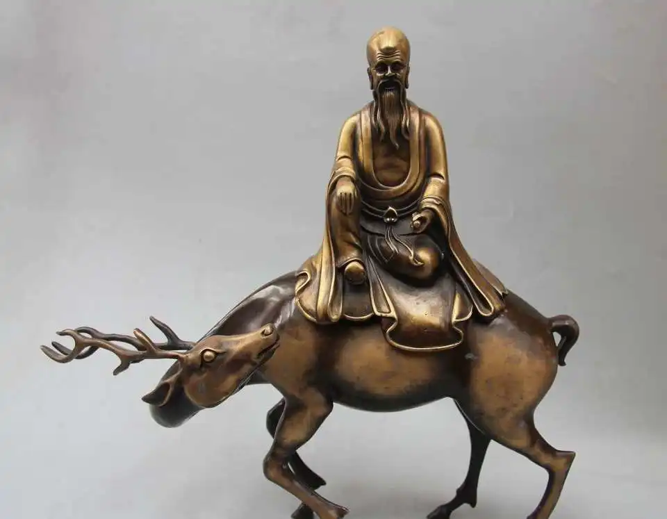 

14" Chinese Fengshui Bronze Arhat Buddha Ride Deer Statue Incense Burner Censer