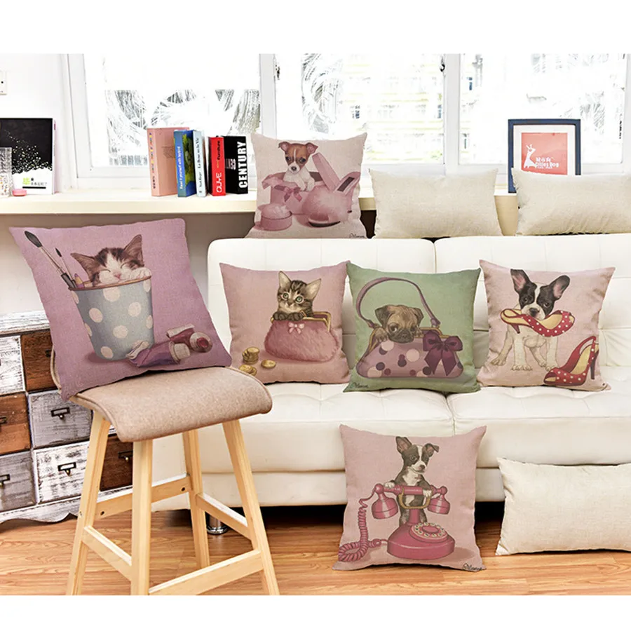 Наволочка из хлопка и льна с принтом в виде милых животных кошек собак|cushion