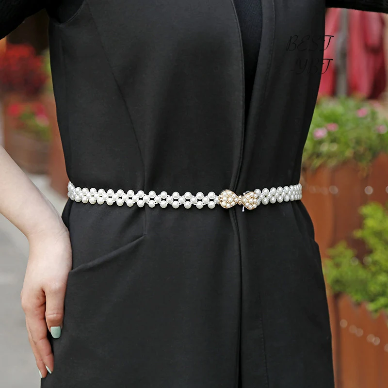 

Fashion Women's Faux Pearl Belt Chain Crystal Rhinestones Bow Butterfly Belt Head Mosaic Lady Dress Waist Belt