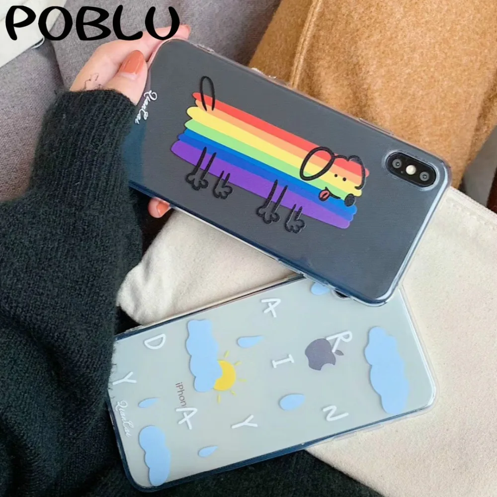 

POBLU Funny Rainbow Dog Cute Phone Case For iPhone 6S 7 8 Plus Clear Soft TPU Rain Cloud Back Cover Shell For iphone XR XS Max