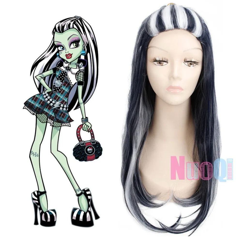 

High Quality Monster High Frankie Wig 65cm 25.59" Long Straight Black and White Cosplay Wig for Women Synthetic Hair Anime Party