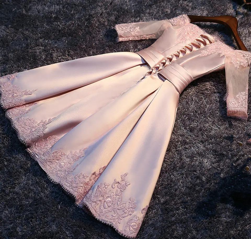 Модное розовое платье для выпускного вечера es короткое Дешевое выпускное платье с вырезом лодочкой кружевное атласное с аппликацией Встроенный бюстгальтер сексуальное вечернее платье