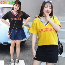 ChenKe Лето Плюс Размер Хлопковая футболка для женщин короткий рукав Сращивание Большой v-образный вырез повседневная Толстая мм футболка женский Одноцветный с буквенным принтом