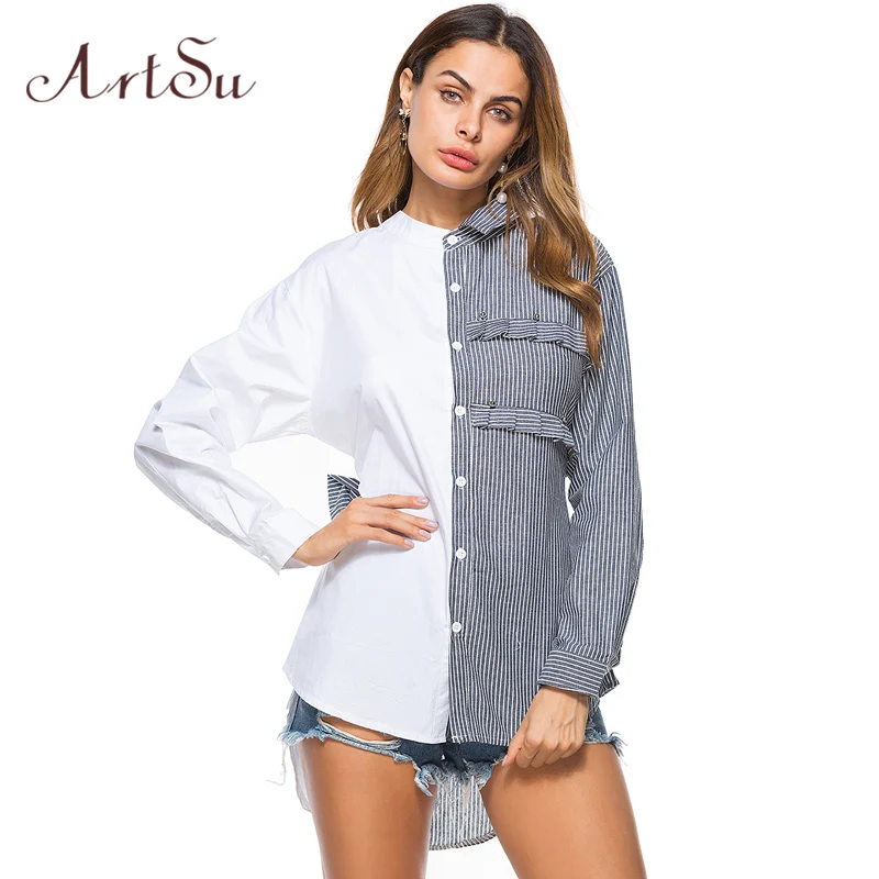 ArtSu otoño coreano de moda arco atado las mujeres blusa a rayas camisa de manga larga asimétrica Tops Blusas Ropa de Mujer ASBL30118 ArtSu otoño coreano de moda arco atado las mujeres blusa a rayas camisa de manga larga asimétrica Tops Blusas Ropa de Mujer ASBL30118