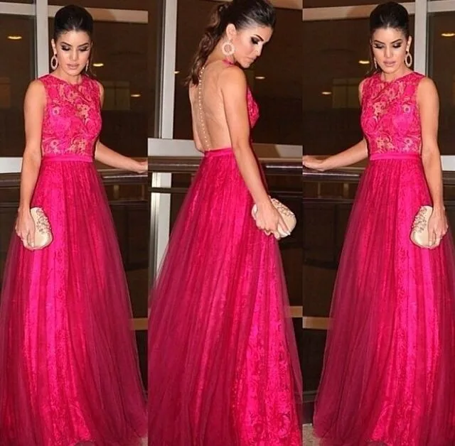 

vestido de noche formal 2018 O Neck Tank Sleeve Sexy Sheer Illusion Back Grace Lace Evening Gown mother of the bride dresses