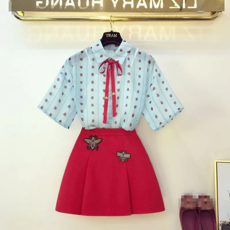 

HAMALIEL Summer Women's Skirt Suits Designer Animal Print Ribbons Bow Chiffon Shirts + Embroidery Bees Mini A Line Skirts Set