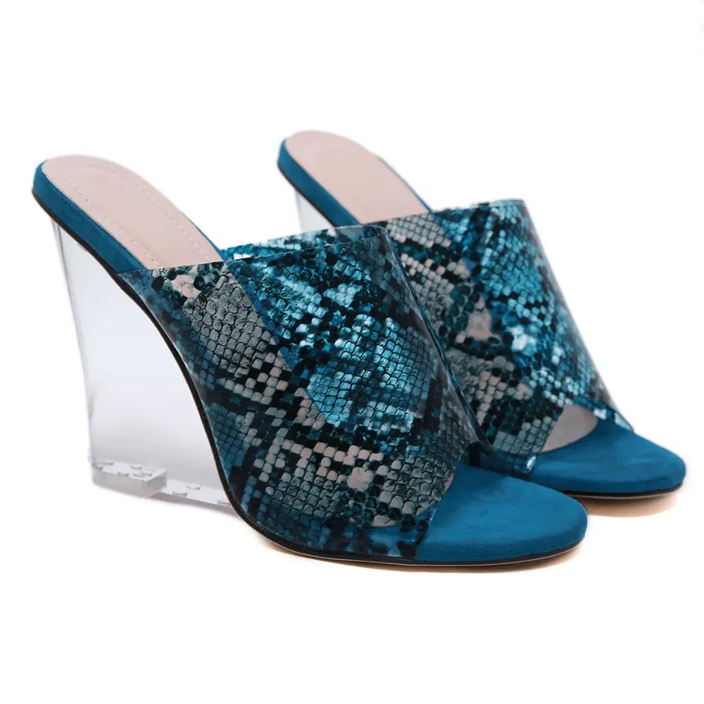 

Women High Heel Slippers 12cm Wedge Clear Sandals Fashion Snake Print Summer Sandals For Female Crystal High Heels Ladies Shoes