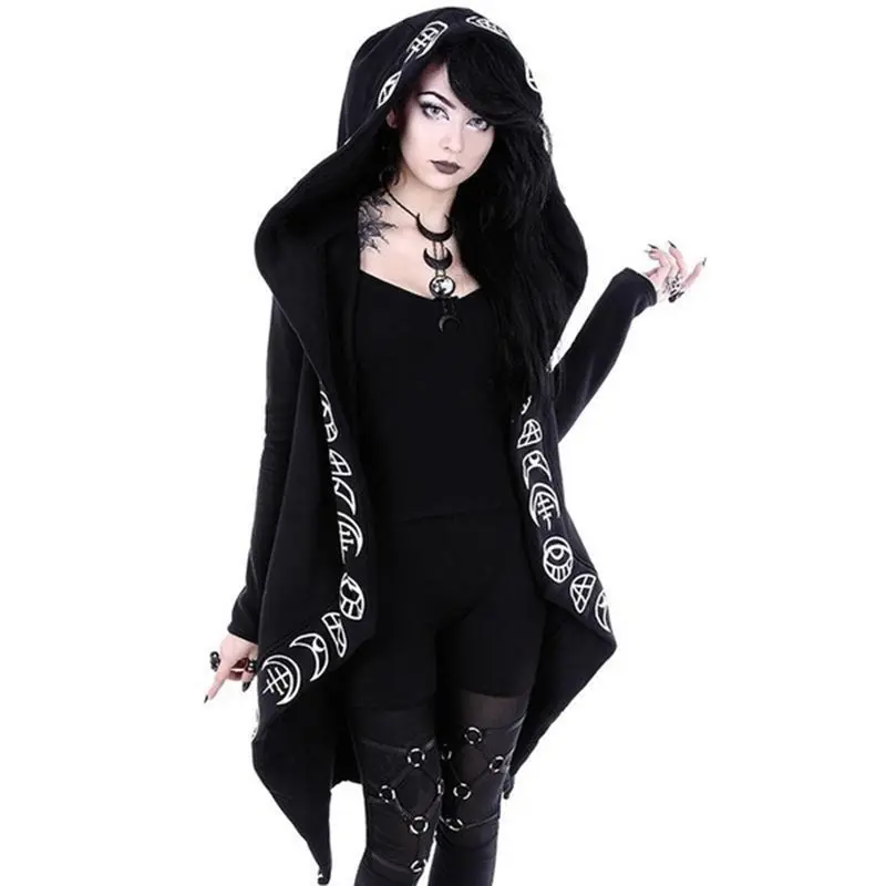 2018 Fall Gothic Casual Cool Chic Black Plus Size Women Sweatshirts Loose Zip Up Cotton Hooded Plain Print Female Punk Hoodies