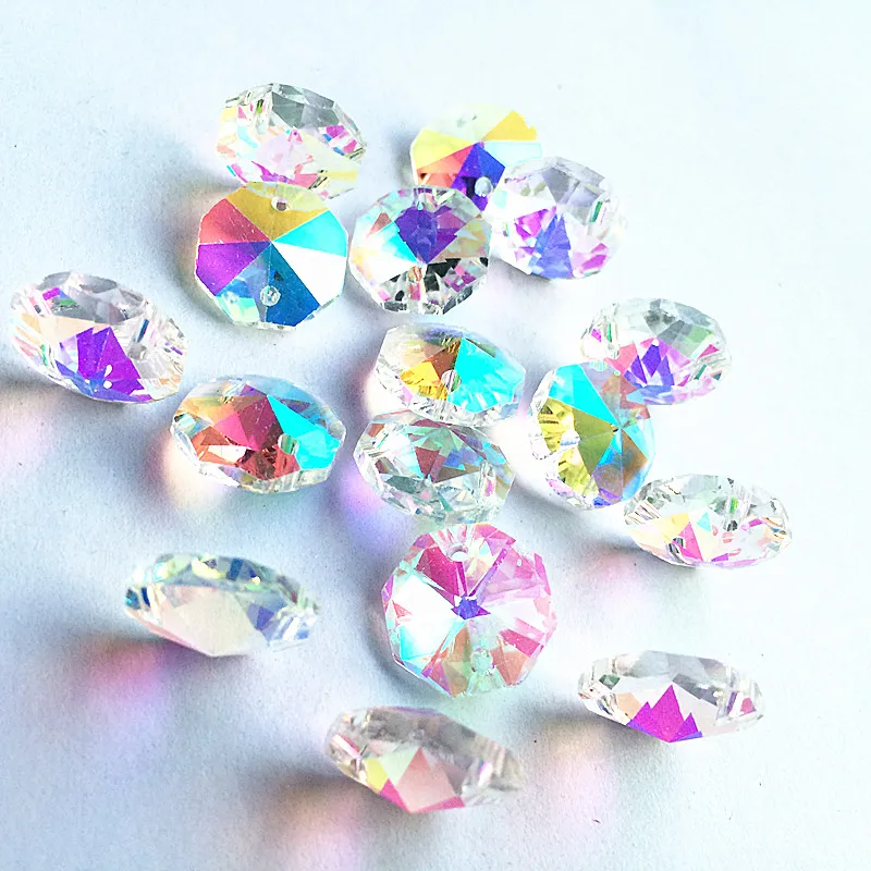 

2019 New AB color Octagon beads 600pcs/lot in 2 holes Cut & Faceted 14mm Crystal Glass Curtain & Chandelier Beads For Garlands