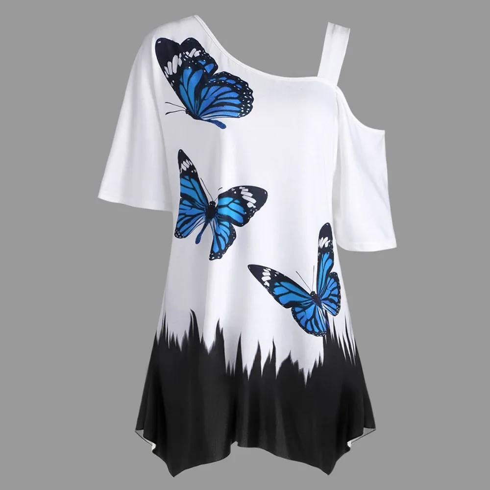 

FT1012 Women Summer Short Sleeve Over size T-shirts Tops Lovely Butterfly Print Asymmetrical Sleeve Personality Plus Shirts