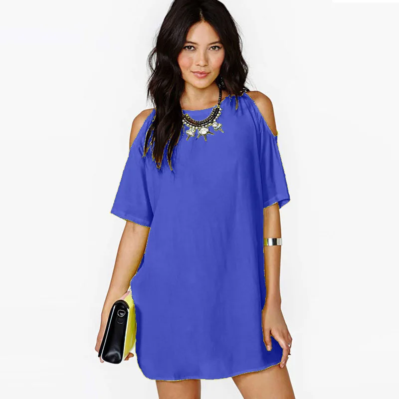 

Women Dress Shoulder Short Sleeve Chiffon Dress Loose Summer O-Neck Sexy Party Solid Beach Style dresses