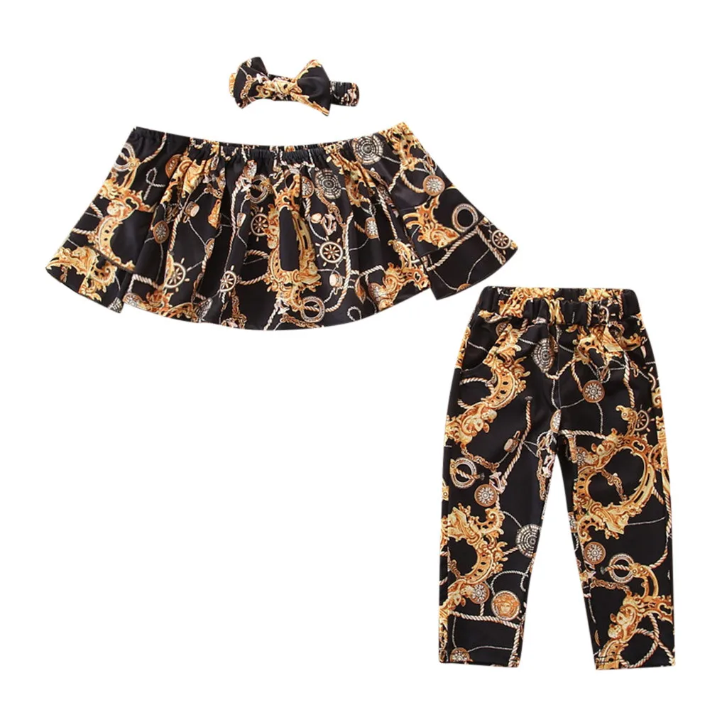 

Summer Newborn Baby Girl Clothes Cotton Casual Fashion Clothes Printing Off Shoulder T hirt Pants Headband Outfits Sets k0312