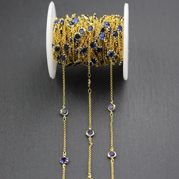 

Dark Blue Glass Loose Beads Chains,Flat Coin Shape Bracelet Making,Wire Wrapped Goldedn Plated Flower Edged Links Necklace