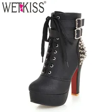 WETKISS/ботинки на Высоком толстом каблуке размера плюс 34-48 женские ботинки из Pu искусственной кожи на шнуровке с закругленным носком и заклепками женская обувь на платформе с шипами г. Зима