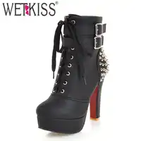 WETKISS Plus ขนาด 34-48 รองเท้าส้นสูงหนารองเท้าผู้หญิง Lace Up รอบ Toe Pu Rivet Boot หญิง Studded แพลตฟอร์มรองเท้า 2020 ฤดูหนาว