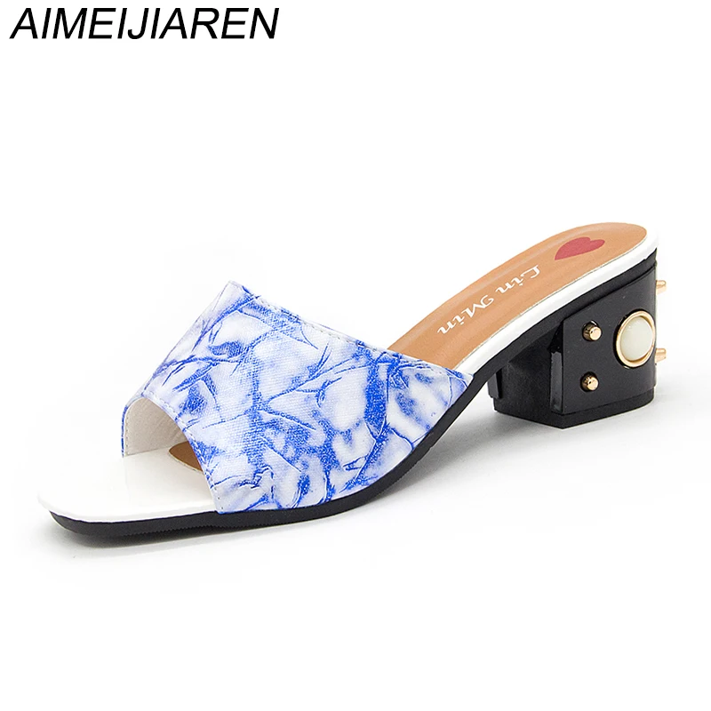 

Summer High Heels Mules Lady Sandals Slippers Painted Slip On Pointed Toe Shoes for Women Outdoor Slipper Woman Slides 5cm