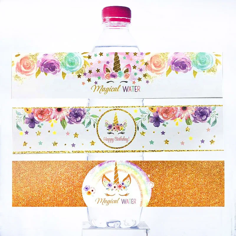 24Pcs Birthday Magical Unicorn Party Bottle Wraps Gift Box Tags Stickers Water Bottle Label Waterproof Stickers Party Supplies