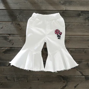 

2018 Summer Girl Flare Style Pants Calf Length Embroidery Flower Trousers Children Clothes 3-9Yrs Girls White Boot Cut Wholesale