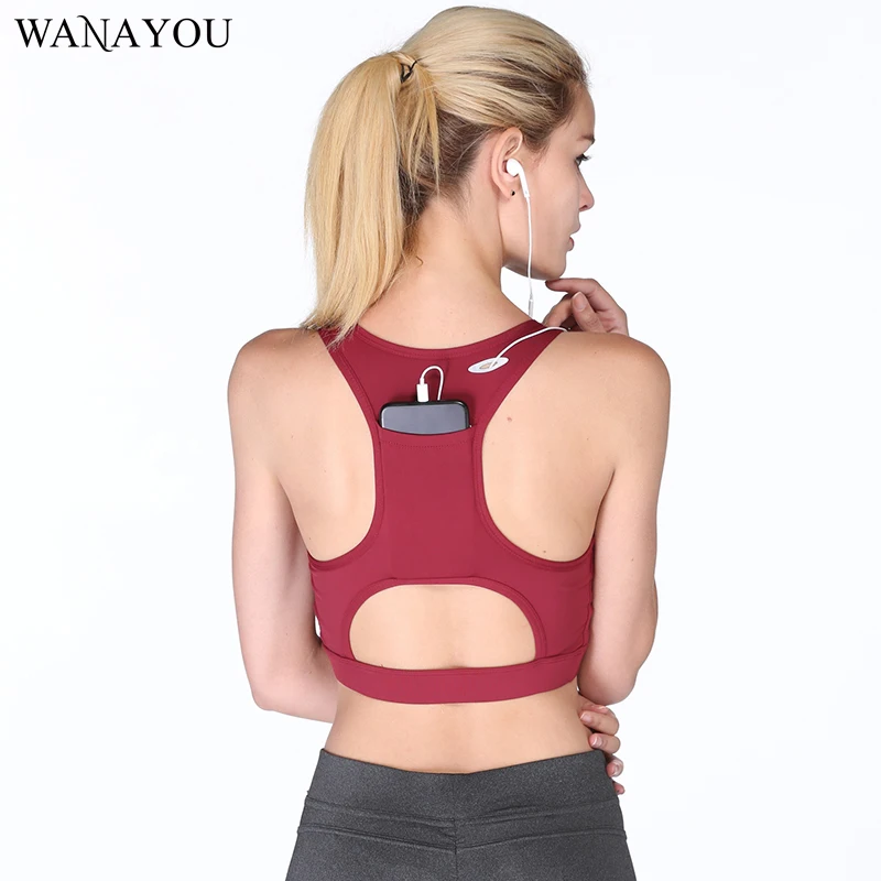 WANAYOU Women Back Phone Pocket Sports Bras Hollow Out Padded Push Up Yoga Bra font b