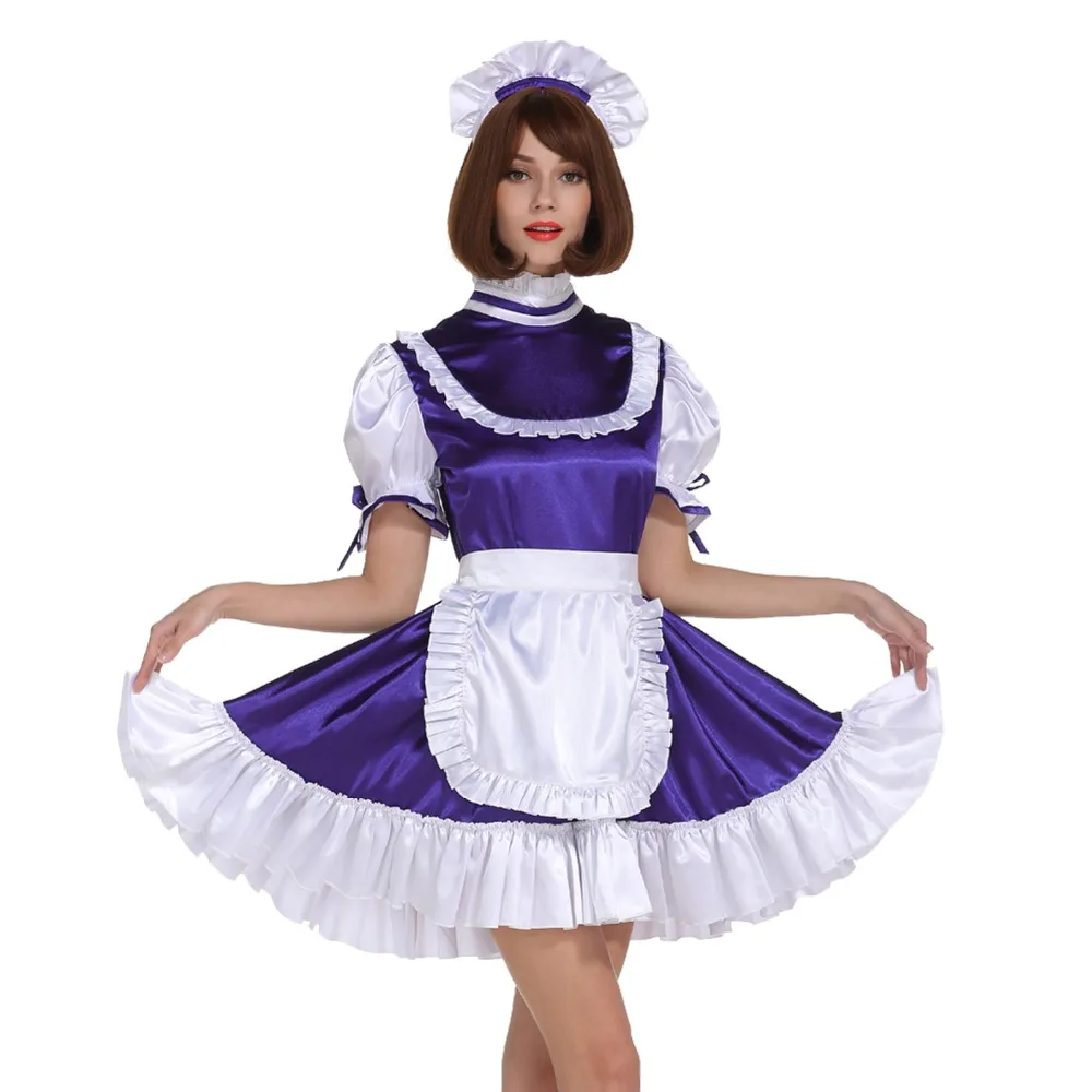 Sissy Girl Maid Frilly Purple Lockable Dress Crossdress Cosplay Costume 