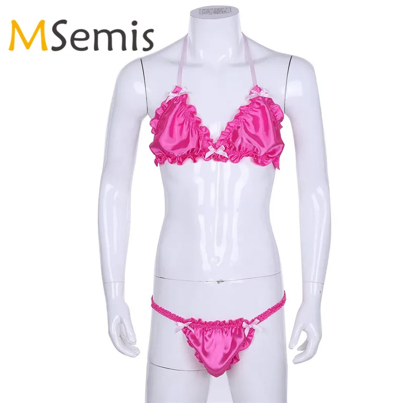 

Mens Gay Sissy Lingerie Sexy Underwear Gay Panties Ruffled Frilly Shiny Lingerie Set Strappy Halter Bikini Bra Top with Briefs