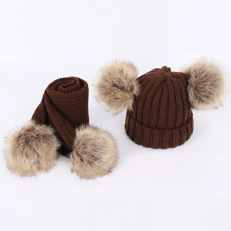Новая детская вязаная шляпа теплая мягкий шарф 2 комплекта зимней мягкой шапки для мальчиков и девочек шерстяной шарф Детские модные милые шапки - Цвет: Coffee
