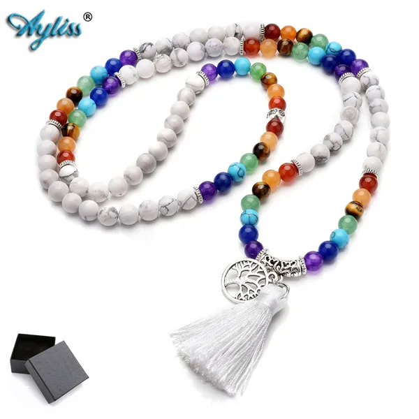 White Howlite Turquo Ayliss 1 шт. Новинка 6 мм натуральный 7 Чакра Исцеление Кристалл драгоценный камень буддийский молитвенный 108 бусины Тибетский Мала Браслет ожерелье кисточкой - Окраска металла: White Howlite Turquo
