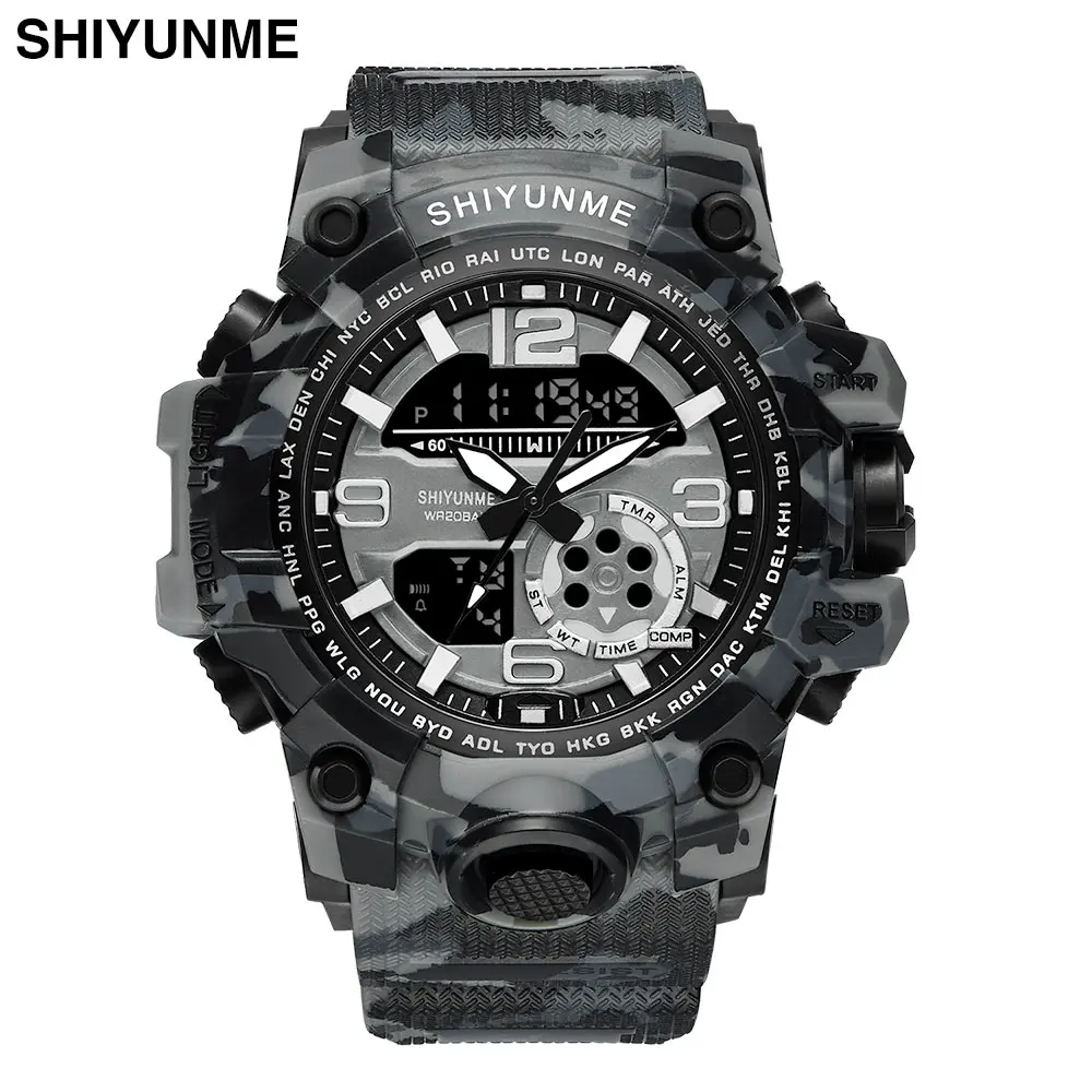 2019new Brand Sports Watches Men Dual Time Camouflage Military Watch Men Army LED Digital Wristwatch 50M Waterproof Men's Clock - Цвет: Серый