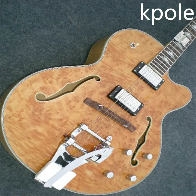 Kpole Natural wood quilted electric jazz guitars and Bgsby chrome parts