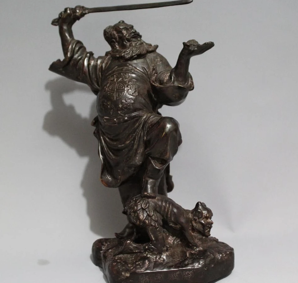 

10" Chinese Bronze Zhong Kui Zhongkui Chung Kuei Catch Devil Sword Bat Statue