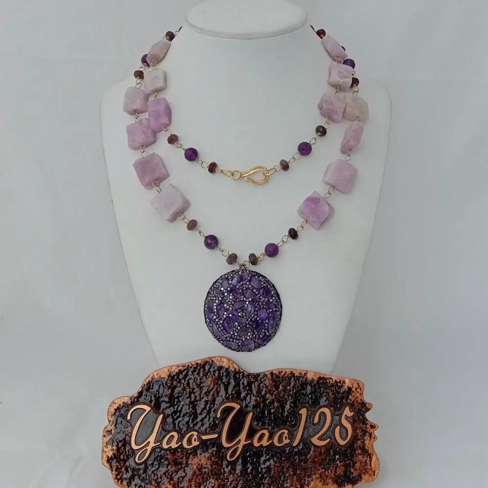 

30" Natural Square Rough Purple Stone Necklace Pave Crystal Pendant
