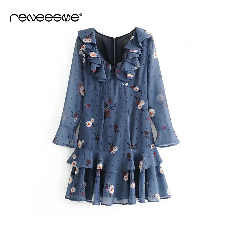 

chiffon ruffle summer women dress long sleeve v neck back zipper print mini ladies dresses vintage deep blue fashion vestidos