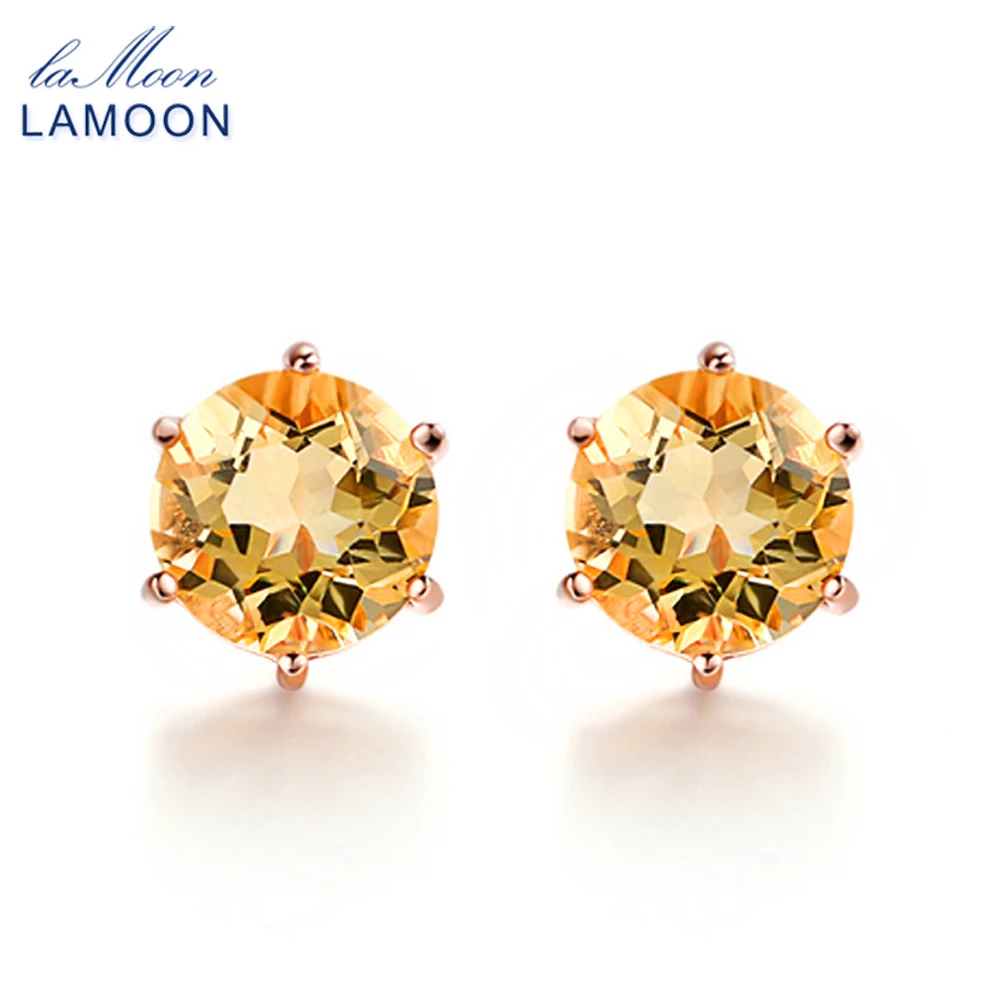 LAMOON 7mm 1.2ct Round Natural Citrine 925 Sterling Silver Simple Stud Earrings Jewelry S925 For Women LMEI027