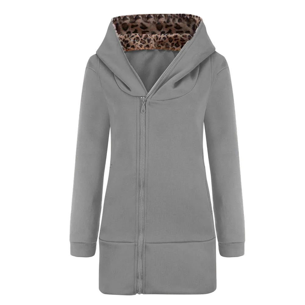 Женская куртка на молнии с леопардовым принтом и длинным рукавом, верхняя одежда, Женский Длинный свитер на молнии с леопардовым принтом и капюшоном - Цвет: Gray