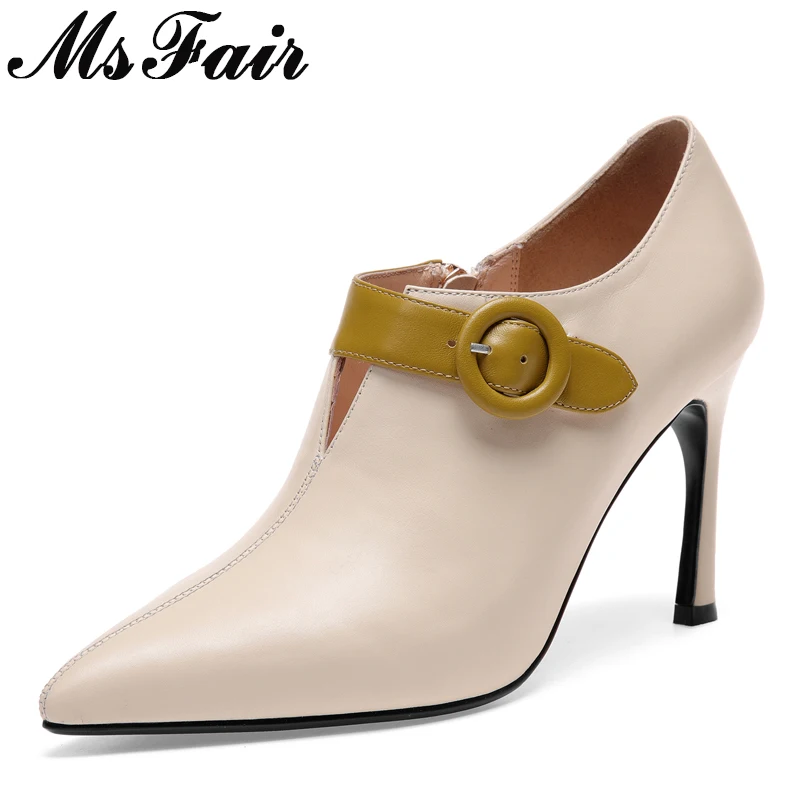 

MsFair Women Pointed Toe High Heel Boots Genuine Leather Buckle Zipper Ankle Boots Women Shoes Thin Heels Ankle Boots Woman 2018