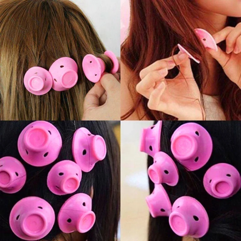 10pcs/set Soft Rubber Magic Hair Care Rollers Silicone Hair Curler No Heat Hair Styling Tool Pink