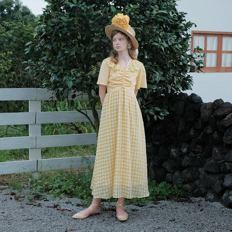 

Women Summer Korean Elegant Slim Yellow Dress Ladies Sweet Casual Plaid Chiffon Long Dress vestidos verano 2019