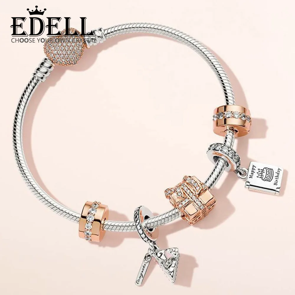 

EDELL 100% 925 Sterling Silver ROSE SPARKLING SURPRISE CHARM Birthday Wishes Card CELEBRATION CAKE HANGING CHARM Bracelet Set
