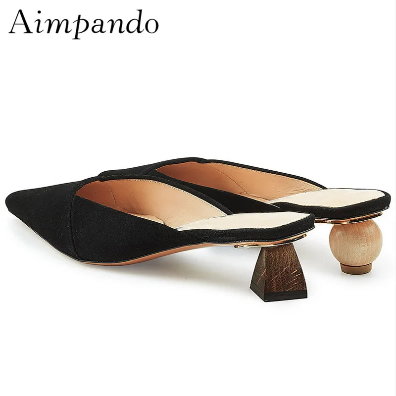 

Sexy Building Blocks Heel Slippers Women Pointed Toe Shallow Slim Shoes Woman Asymmetrical Heel Mules For Lady