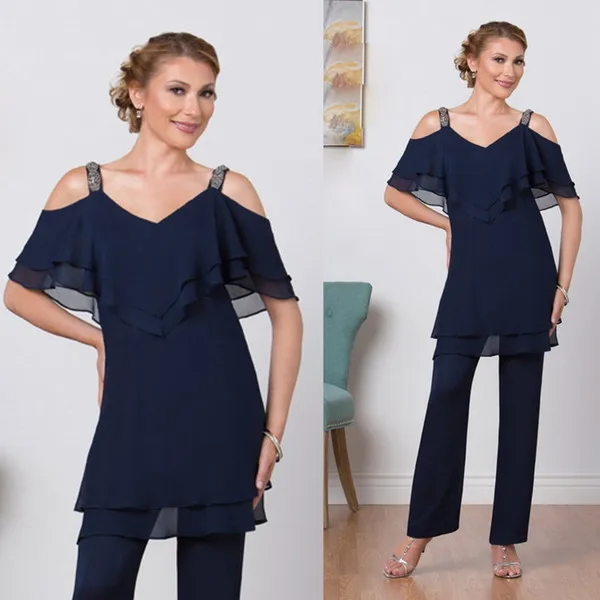 Navy Blue Изящный, темно-синий Мать невесты платья для женщин шифон брюки девочек костюм бусины бретели нижнего белья заказ сделать рюшами vestido madrinha 2 шт - Цвет: Navy Blue