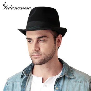 

Sedancasesa Fashion Autumn Winter British Style Leisure pork pie Male Boy's Hat Wool Felt Men's Wide Curl Brim Hats for Man