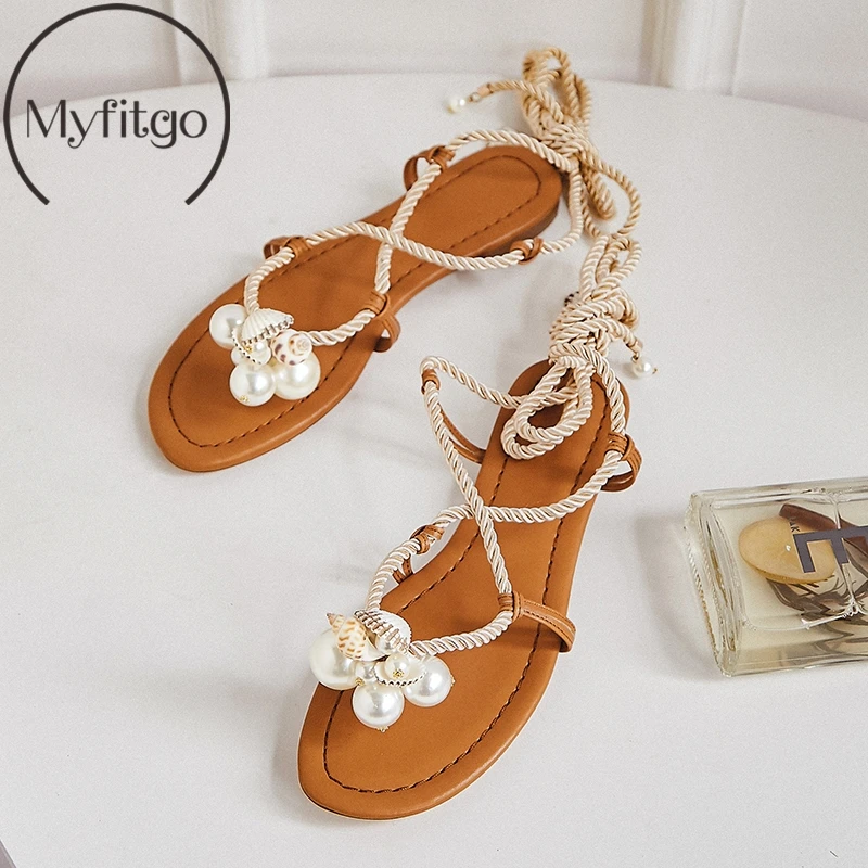 

Myfitgo Pearls Flats Women Sandals Narrow Band Lace up Summer Beach Sandals Female Fashion Cross Tie Toe Ring Lady Casual Shoes