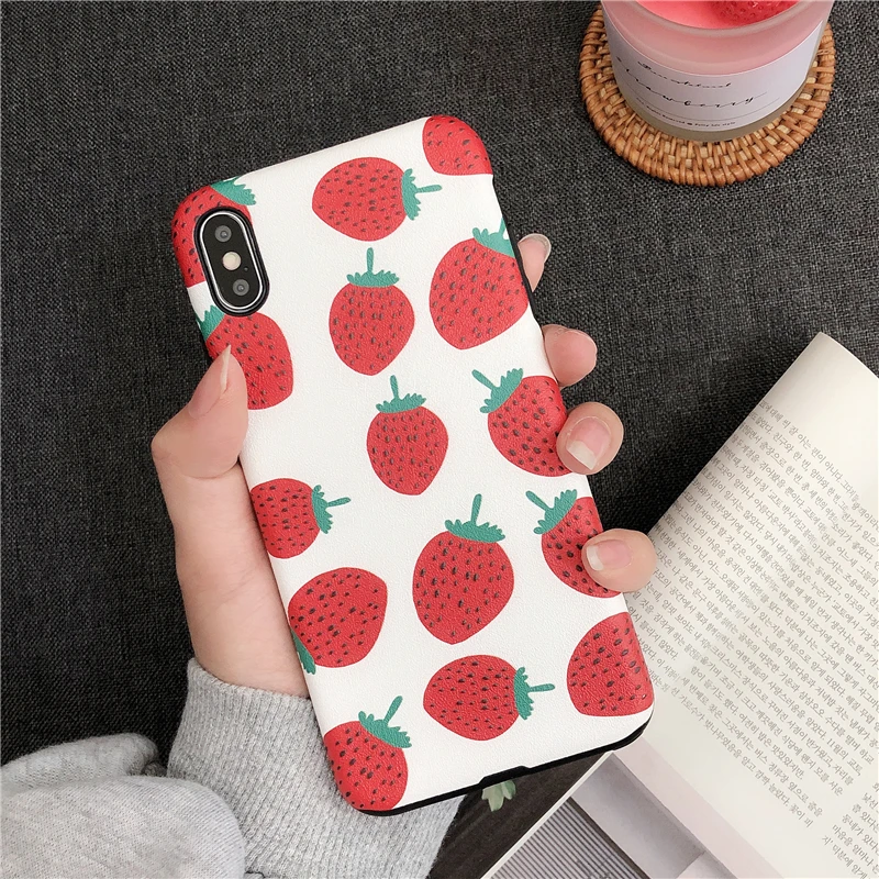 

Sweet Strawberry Fruit Phone Case for Iphone X Xs Max Silk Pattern Scrub Case for Iphone 6s 7 8plus Xr Anti Knock Back Cover