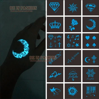 

1piece hot night club party fluorescent luminous flash tattoo sticker waterproof blue green bright light moon rose diamond party
