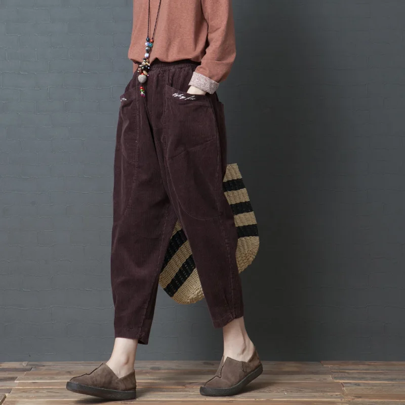 

Johnature 2019 New Corduroy Loose Casual Autumn Winter Elastic Waist Pants For Women Fashion Korean Ankle-length Harem Pants